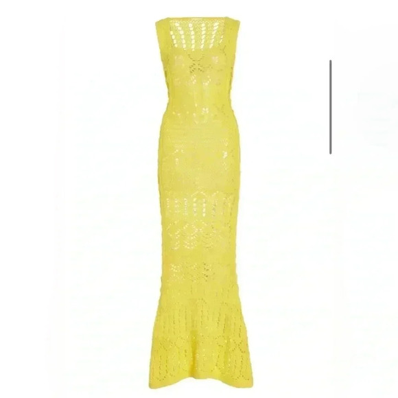 ALEXIS Crochet Maxi Dress Yellow L Sleeveless Cutout Coverup Bodycon Knit $825 - Picture 2 of 10